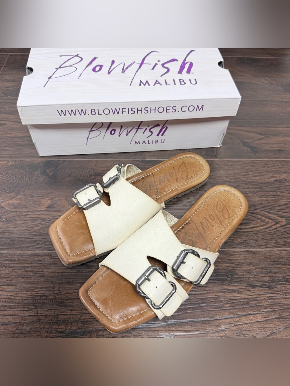 BLOWFISH MALIBU ZAILEY CLOUD DYECUT CREAM & PEWTER BUCKLES MULES SLIDES SANDALS